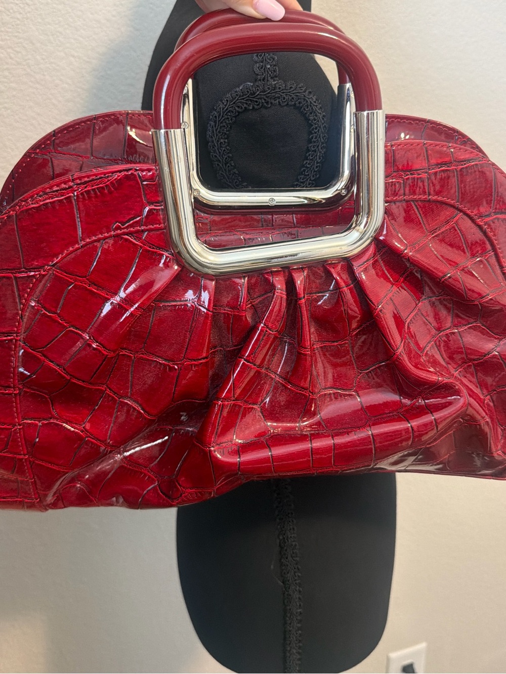 Koret Red Faux-Croc Patent Top-Handle Satchel